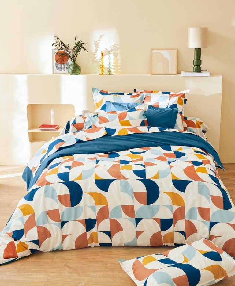 Parure 2 taies + 1 Housse de couette percale de coton 80 fils Modulo Cobalt